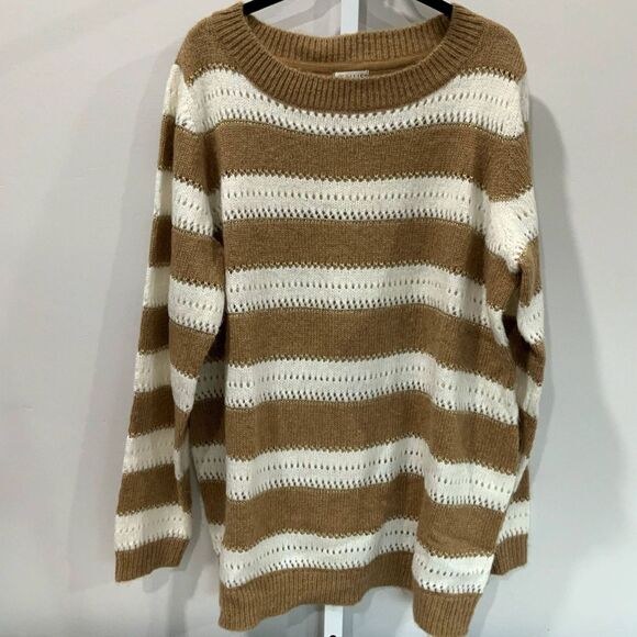 NWOT! Striped Brown/Cream/Gold Long Open Knit Sweater by Venus Size XL - Picture 1 of 9